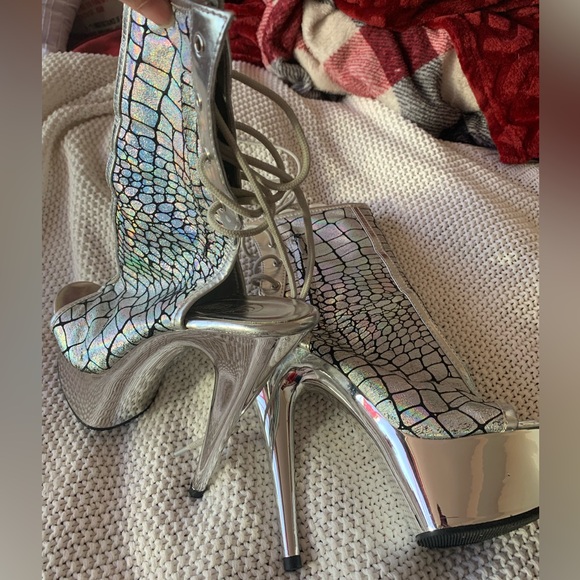 Rainbow Shiny Snake Print Dancer Stripper Open Toe Lace Up Heels - Picture 3 of 6